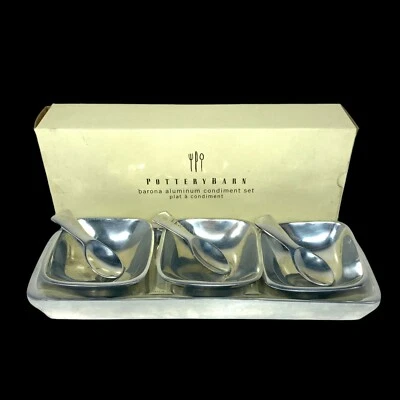 Pottery Barn Modern Barona Silver 7 Piece Aluminum Condiment Tray Set w/ Box - Image 1 of 4