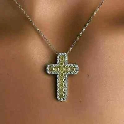 2.50 Ct Cushion Cut Yellow Citrine & Diamond Cross Pendant 14k White Gold Finish - Image 1 of 4