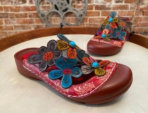 L'Artiste Spring Step Red Leather Flower Slip On Clogs Keya 38 7.5-8 New - Picture 1 of 3