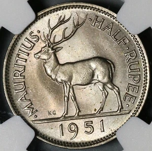 1951 NGC MS 64 Mauritius George VI 1/2 Rupee Stag Britain Empire Coin (21052302C - Picture 1 of 6