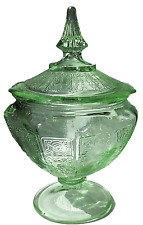 Anchor Hocking Princess Pattern Green Glass Footed Jar Original Lid Plain Base