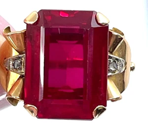 Antique 10k Rose Gold Flame Fusion Lab Created Ruby Diamonds Ring Size 8.25 - Picture 1 of 8