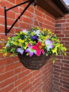 Artificial flower hanging basket with bright mini lilies, berries & wild flowers - Picture 1 of 3