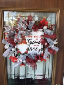 No Place Like Gnome For The Holidays Christmas Wreath Grey Red White Door Decor - Picture 1 of 1