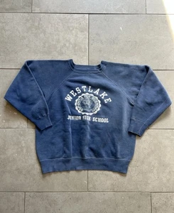 Vintage 50s 60s Westlake Junior High School Sweatshirt Flock Print Blue Sweater - Picture 1 of 19