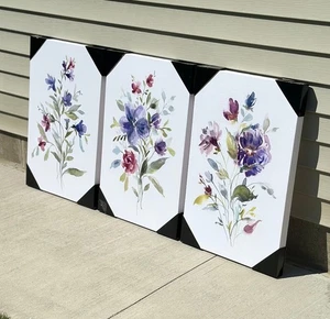 Set of 3 Framed Wildflower Canvas Wall Art Flowers Pictures Prints 27"x54" - Picture 1 of 7