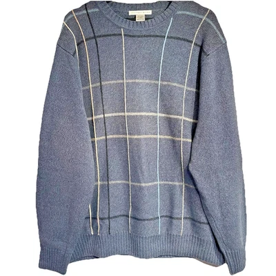 Geoffrey Beene Mens XL Blue Plaid Tartan Cotton Crewneck Sweater Pullover - Image 1 of 4