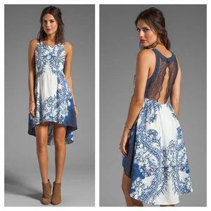 Vestido Free People Talla Mediana M Azul Ruso Plato Dobladillo Alto Abierto Encaje Espalda Floral - Imagen 1 de 12
