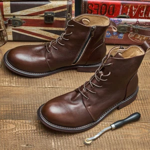 Retro American Style Schnürung Echtleder Herren Stiefeletten Motorrad Arbeit Reißverschluss Gr. - Bild 1 von 13