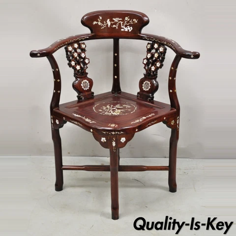 Vintage Chinese Carved Hardwood Corner Lounge Chair with Mother of Pearl Inlay Cover