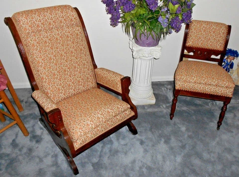 ANTIQUE EASTLAKE VICTORIAN ARTS CRAFTS STYLE ROCKING CHAIR SET FLORAL 1880 1890 Cover