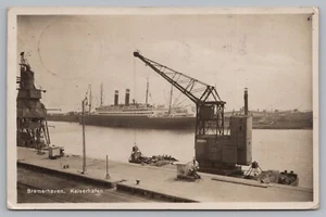 Postcard Bremerhaven Kaiserhafen Harbor Dock Crane Barges Moored Steam Ship - Picture 1 of 2