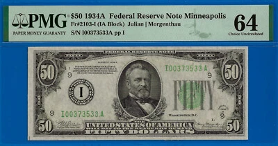 1934A $50 Federal Reserve Note PMG 64 Minneapolis 3rd Finest Fr 2103-I - Image 1 of 3