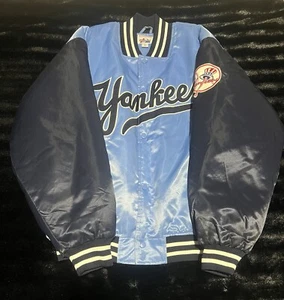Vtg Majestic New York Yankees Baby Blue Bomber Jacket Puffer Size Large - Picture 1 of 9