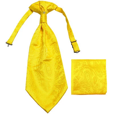 New men's polyester ASCOT cravat neck tie & hankie set Yellow Paisley formal - Image 1 of 2