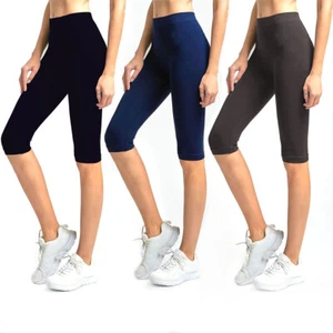 Womens Knee Length Shorts Spandex Stretch Yoga Active Workout Leggings 3 Pack - Picture 1 of 21