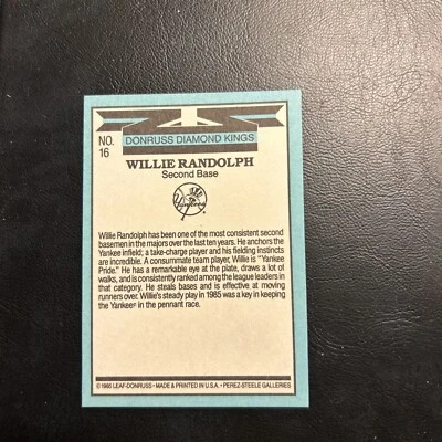 Cb1 1986 Donruss Diamond Kings #16, Willie Randolph, New York Yankees - Image 1 of 2