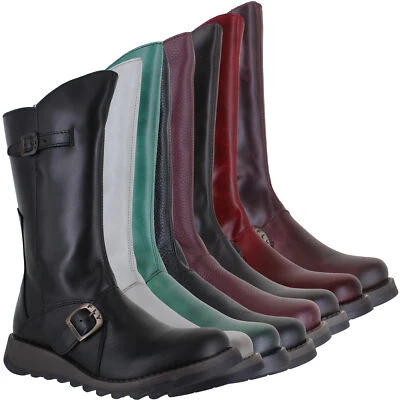 Stivali al polpaccio da donna Fly London mes tacco a zeppa in pelle fibbia taglie da 4 a 8