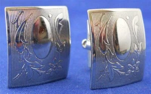 Vintage Cufflinks Silver Tone Metal Victorian Leaf Vine Design Rectangular - Picture 1 of 12