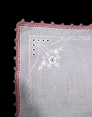 Vintage Linen Handkerchief Square 10" White with Ornate Pink Tatting Edge Trim - Image 1 of 4