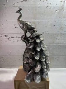Silber Harz Langschwanz Pfau stehend auf Barsch Figur Glitzer Silber Pfau - Bild 1 von 11