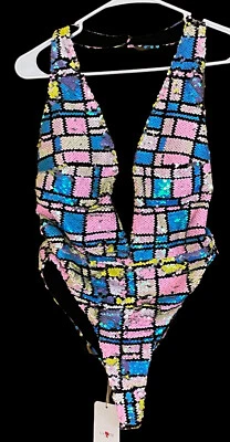 Nuevo con etiquetas Traje de baño de lentejuelas medio latista de una pieza corte profundo con cinturón Bloque Foto 1 de 4