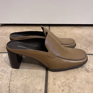 Vintage Apostrophe Tan Leather Brown Square Toe Mules Size 7 - Picture 1 of 10