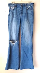 American Eagle Jeans Super Hi Rise Flare 10 Long Distress Bootcut Denim Fray Hem - Picture 1 of 24