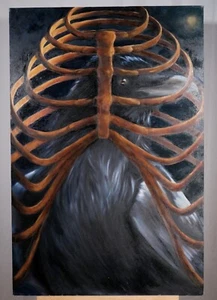Crow in Ribcage Original Painting on Stretched Canvas Unsigned Ready to Display - Picture 1 of 5
