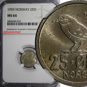 Norwegen Olav V Kupfer-Nickel 1959 25 Öre NGC MS64 BESSERES DATUM KM# 407 (190) - Bild 1 von 4