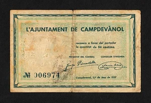 F.C. CAMPDEVÀNOL (GERONA) , 50 CENTIMOS , B/C+ , SUCIO . - Bild 1 von 2