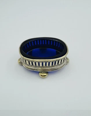 Antique Salt Cellar Sterling Silver Footed Blue Cobalt Glass With Spoon - Image 1 of 4