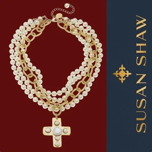 Susan Shaw Gold Halskette Perle Kreuz Multi Strang 24K TPG Schmuck - Bild 1 von 12