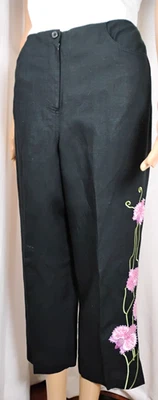 Pantalones Cortos Boho Negros Lino Blnd Para Mujer 12 Pierna Ancha Rosa Bordado Cuentas Floral Foto 1 de 4