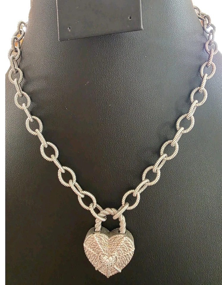 17” Judith Ripka Sterling Silver Basket Weave Chain Link Heart Charm Necklace  - Image 1 of 4