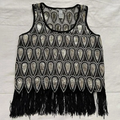Camiseta sin mangas Charlotte Russe negra y dorada lentejuelas flecos transparente talla mediana Foto 1 de 4
