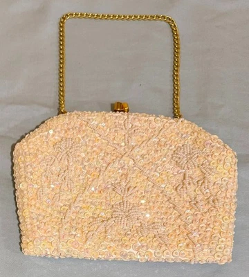 Bolso sin asas de noche vintage pequeño color marfil con lentejuelas con correa de cadena dorada Foto 1 de 4