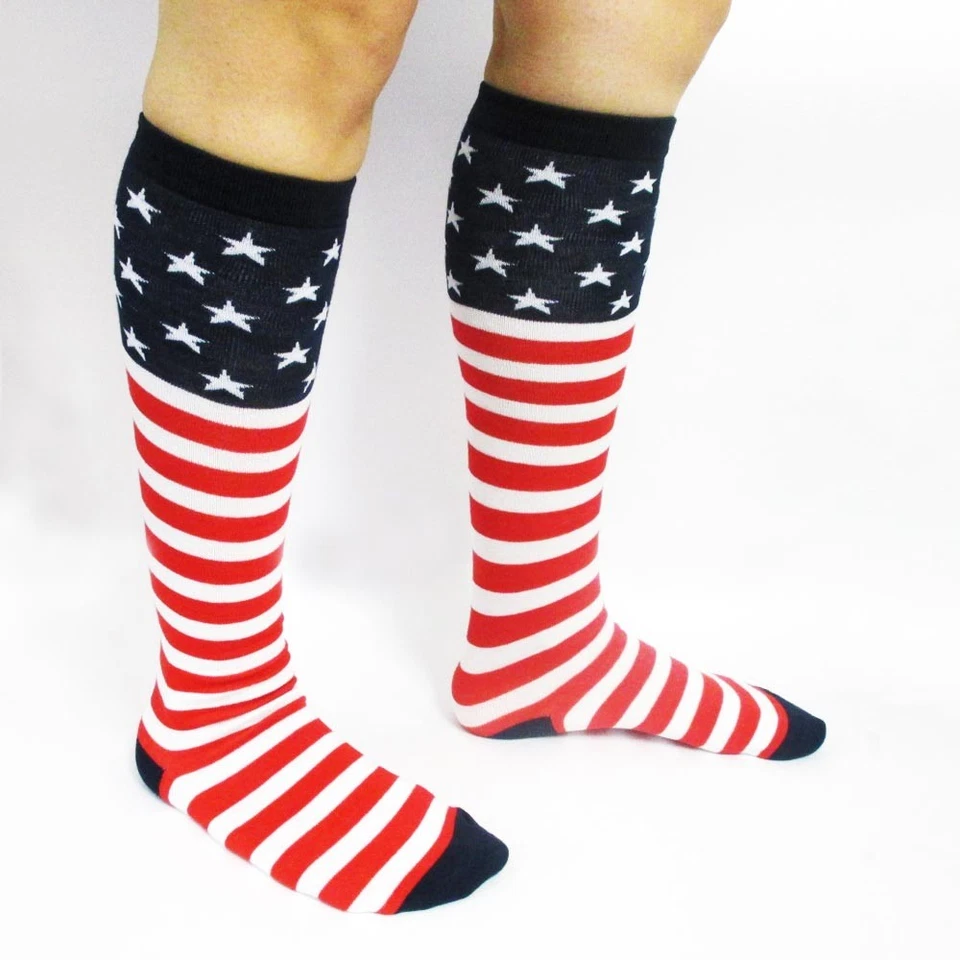 美国红色白色蓝色袜子美国国旗及膝女式女士条纹打底裤 — 第 1/1 张图片