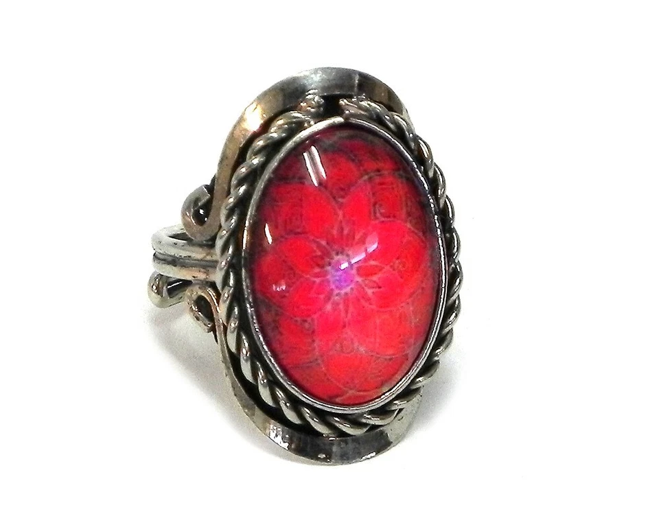 Red Flower Mandala Silver Metal Adjustable Ring Trippy Psychedelic Art Jewelry Foto 1 de 1