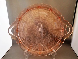 Vintage Jeannette Glass Cherry Blossom Pink Pattern Handle Cake Tray - Picture 1 of 4