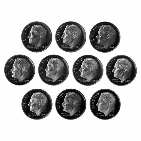 2000-2009 S SILVER ROOSEVELT DIMES (10 COIN SET) GEM PROOF HIGH GRADE COINS Cover