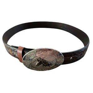 Nocona Belt Boys Size 28 Recycled Leather Bull Rider Buckle Print Belt - Picture 1 of 5