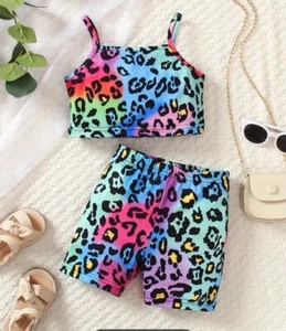 Girls 2 Piece Cami Style Cropped Top Tie Dye Leopard Animal Print Short Set SZ 7 - Picture 1 of 3