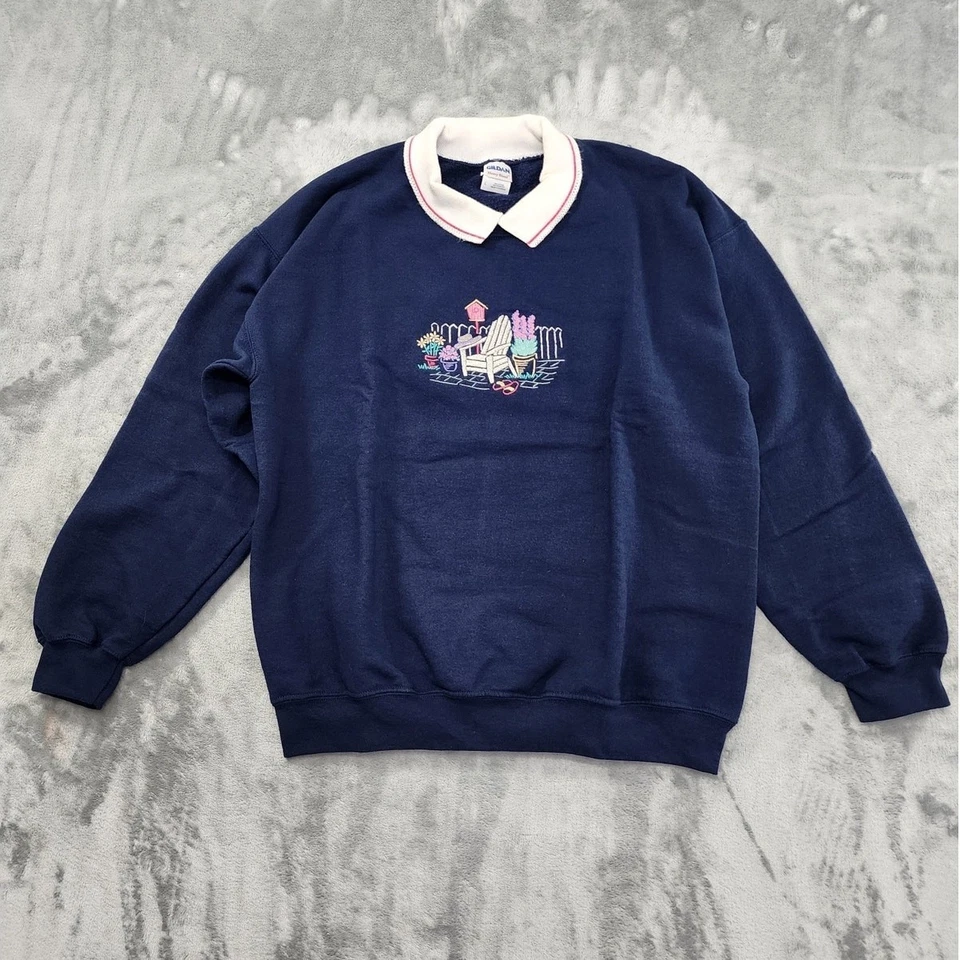 Sudadera Vintage Gildan Mujer L Azul Bordado Cuello Pullover Informal Años 90 Foto 1 de 4