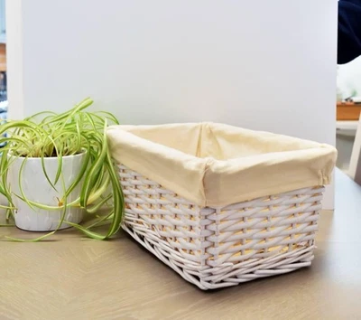 Set Of 1 Medium and 1 Small Rectangular White Wicker Basket With Beige Lining. - Image 1 of 3