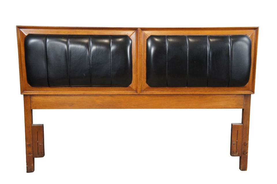 Cabecero de cama Mid Century moderno de roble y vinilo negro tamaño queen o completo MCM Foto 1 de 4