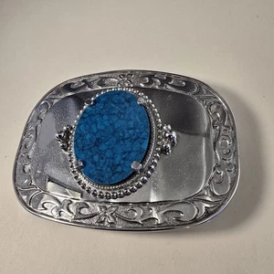 Vintage Rockmount Ranch Wear Belt Buckle Blue Ribbon Tru West Faux Turquoise... - Picture 1 of 3