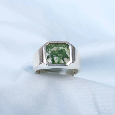 Moss Agate Mens Signet Ring 925 Sterling Silver Ring Promise Ring Gift For Him - Image 1 of 4