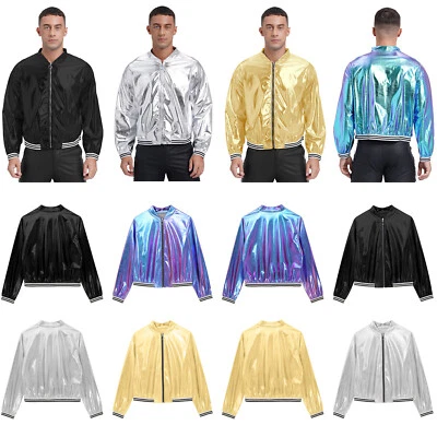 Men Jacket Metallic Coat Adult Outerwear Vintage Costume Shiny Tops Zipper - Image 1 of 3