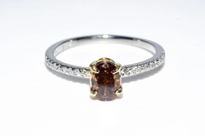 $9,000 1.07CT NATURAL OVAL CUT COGNAC DIAMOND & WHITE DIAMOND PLAT/18K RING - Image 1 of 4